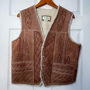 Vintage Genuine Leather Shearling Vest Equestrian Print